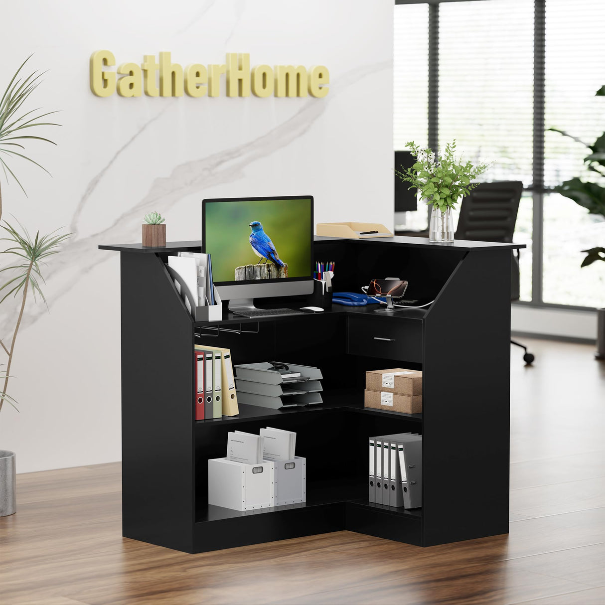 Reception Desk with Storage Shelves and Drawer, L-Shaped Modern Front Desk with Power Outlet, Reception Counter Table for Checkout, Lobby, Beauty Salon GatherHome