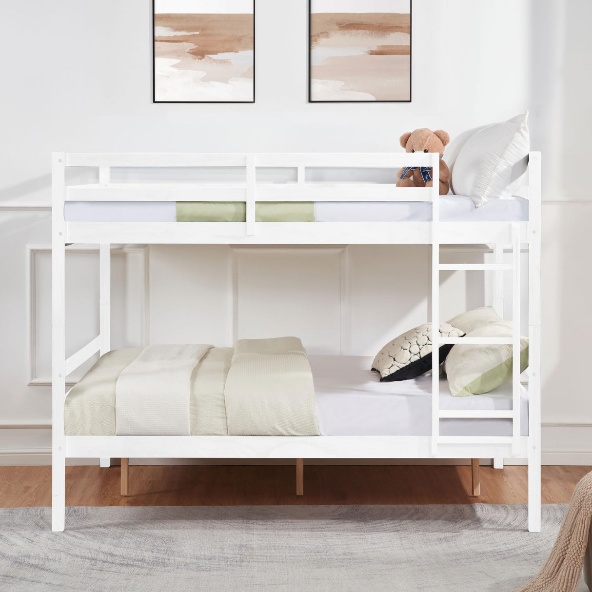 FLEXISPOT Full Over Full Solid Wood Bunk Bed with Ladder,Wooden Bunk Bed with High Guardrail and Ladder for Kids, Teens, Dorm Rooms, and Guest Rooms,No Box Spring Needed,White FLEXISPOT