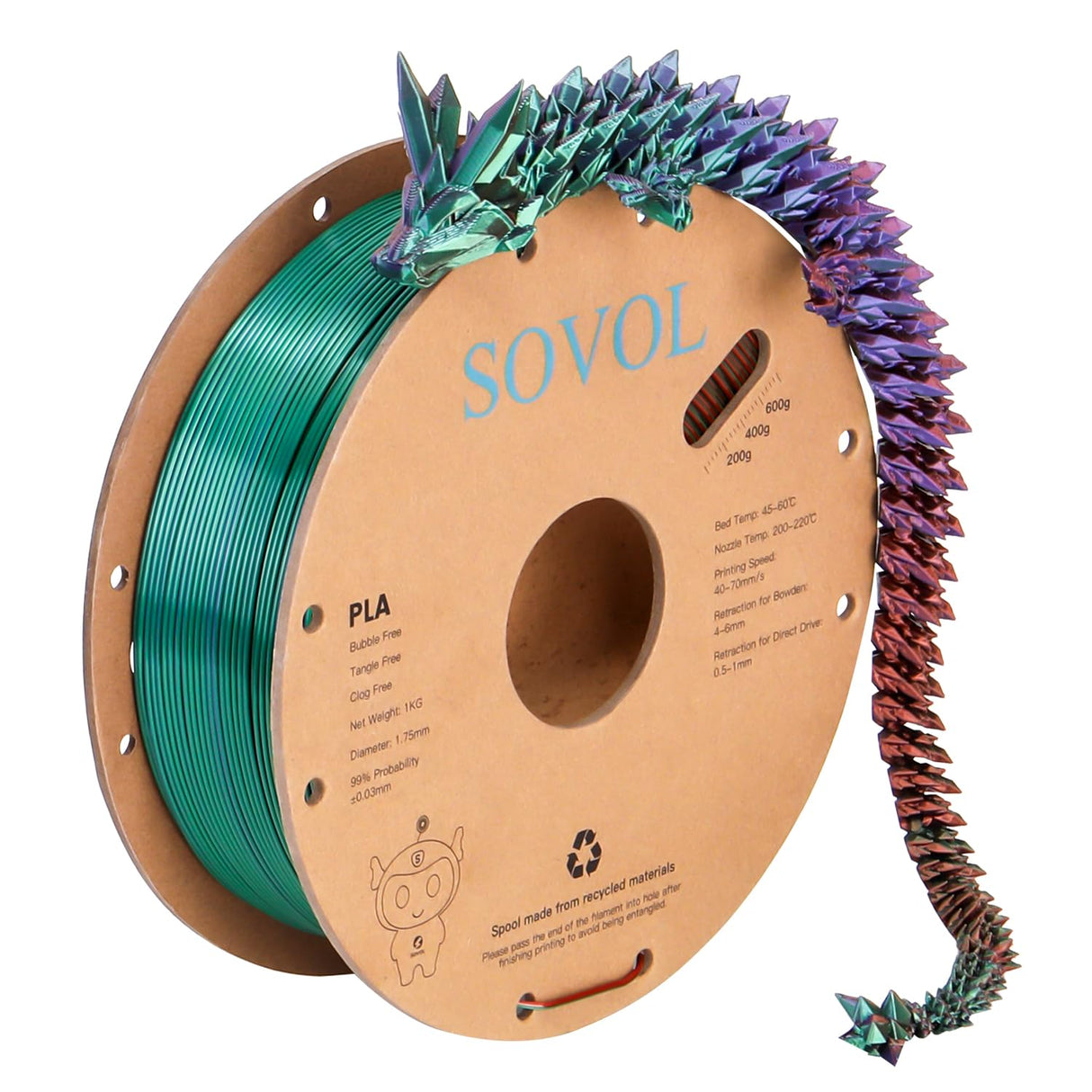 Sovol PLA Filament Silk Tri Color Co-Extrusion 1.75mm, 3D Printer Filament 1kg/ 2.2lbs, Shiny Silk Bronze Purple Green 3 in 1 Coextrusion PLA Material +/-0.03mm Sovol
