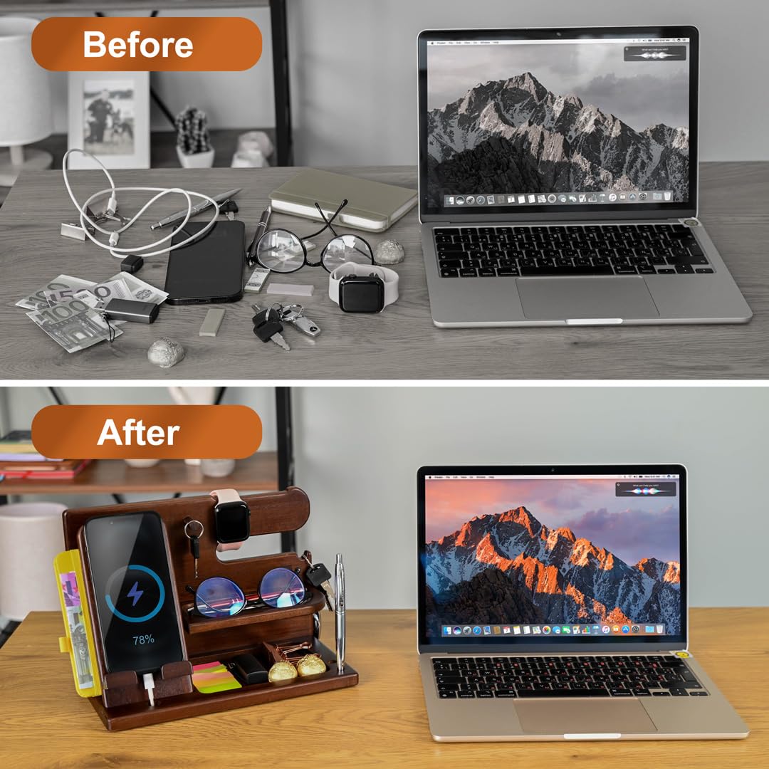 TESLYAR Wood Phone Docking Station for Men - Desk or Nightstand Organizer - Birthday Gifts for Husband or Dad - Anniversary Idea from Wife - Key Holder - Stand Wallet, Watch & Essentials (Nut Brown) TESLYAR