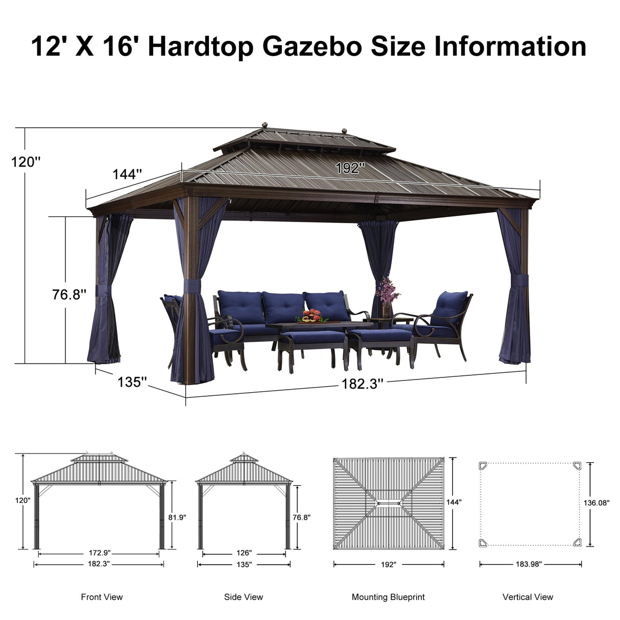 PURPLE LEAF 12' X 16' Permanent Hardtop Gazebo for Patio with Netting and Curtains Deck Backyard Heavy Duty Sunshade Metal Roof All Weather Outdoor Pavilion Canopy PURPLE LEAF