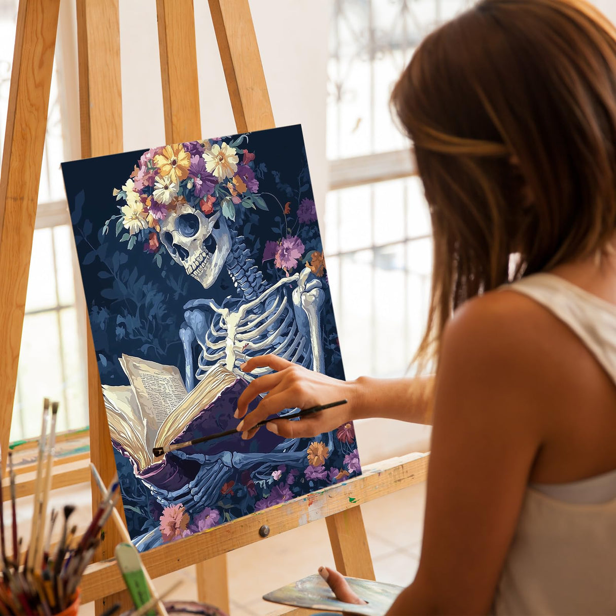 Ceiomez DIY Skull Paint by Numbers Kit for Adults, Skeleton Paint by Numbers for Adults, Halloween Adult Paint by Number Kits on Canvas for Home Decor Gift Art Work 16x20in Ceiomez