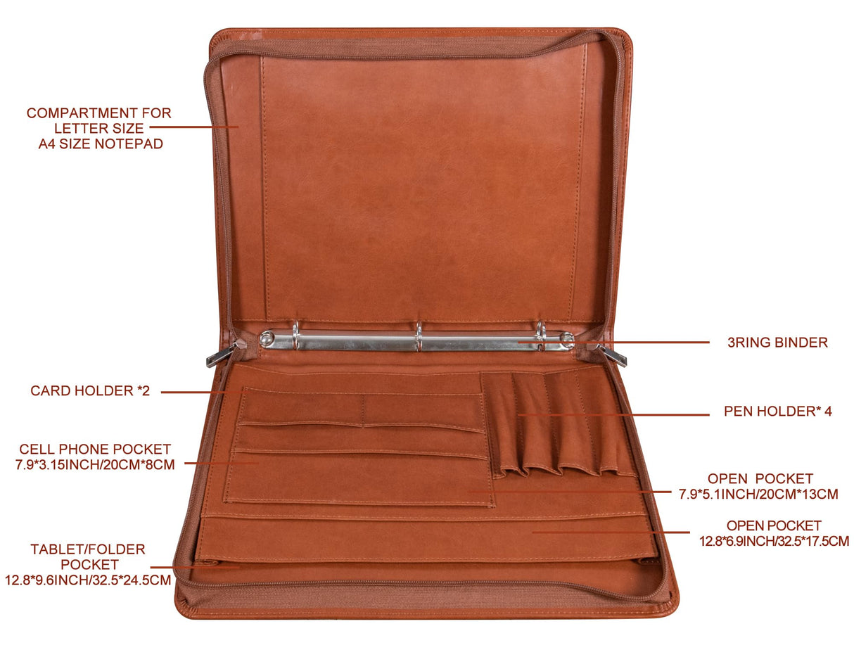 Free Engraved Name, Personalized Portfolio Binder Organizer, PU Leather Custom 3 Ring Binder Padfolio, Zipper Binder Business Document Ordner with A4 Writing Pad, Corporate Gift, Customized, Brown AZXCG