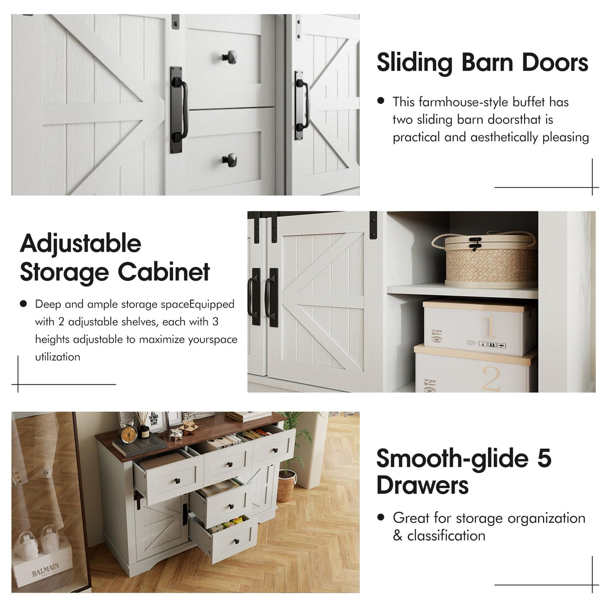 Vabches White Farmhouse Buffet Cabinet with Sliding Barn Doors and 5 Drawers Vabches