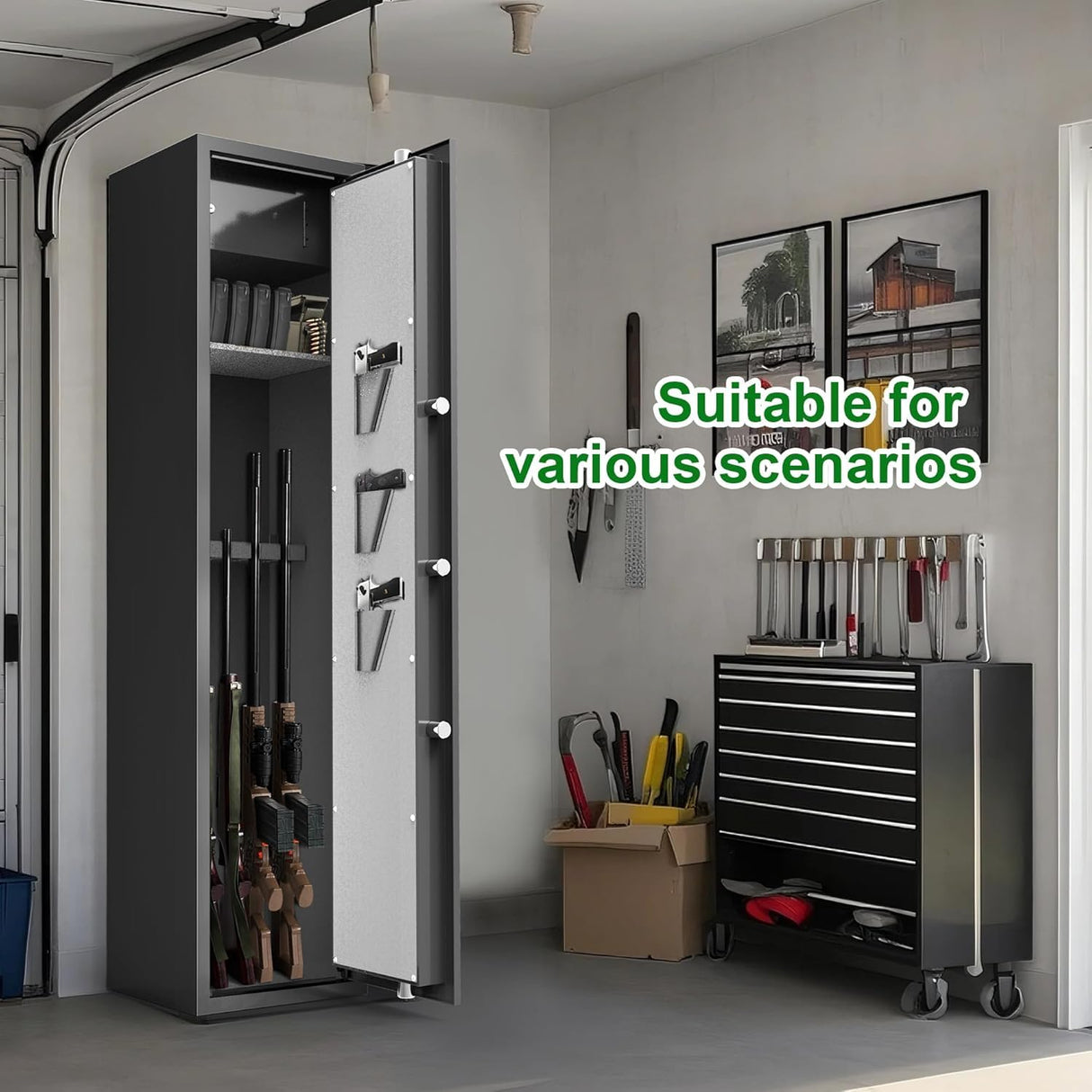 Emasme 5 Gun Safes for Home Rifle and Pistols, Rifle Gun Safe with a Storage Box, Shotgun Safe Without Assembly Required Gun Safe Quick Access, Gun Cabinet with Removable Shelf, Dual Alarm System Emasme