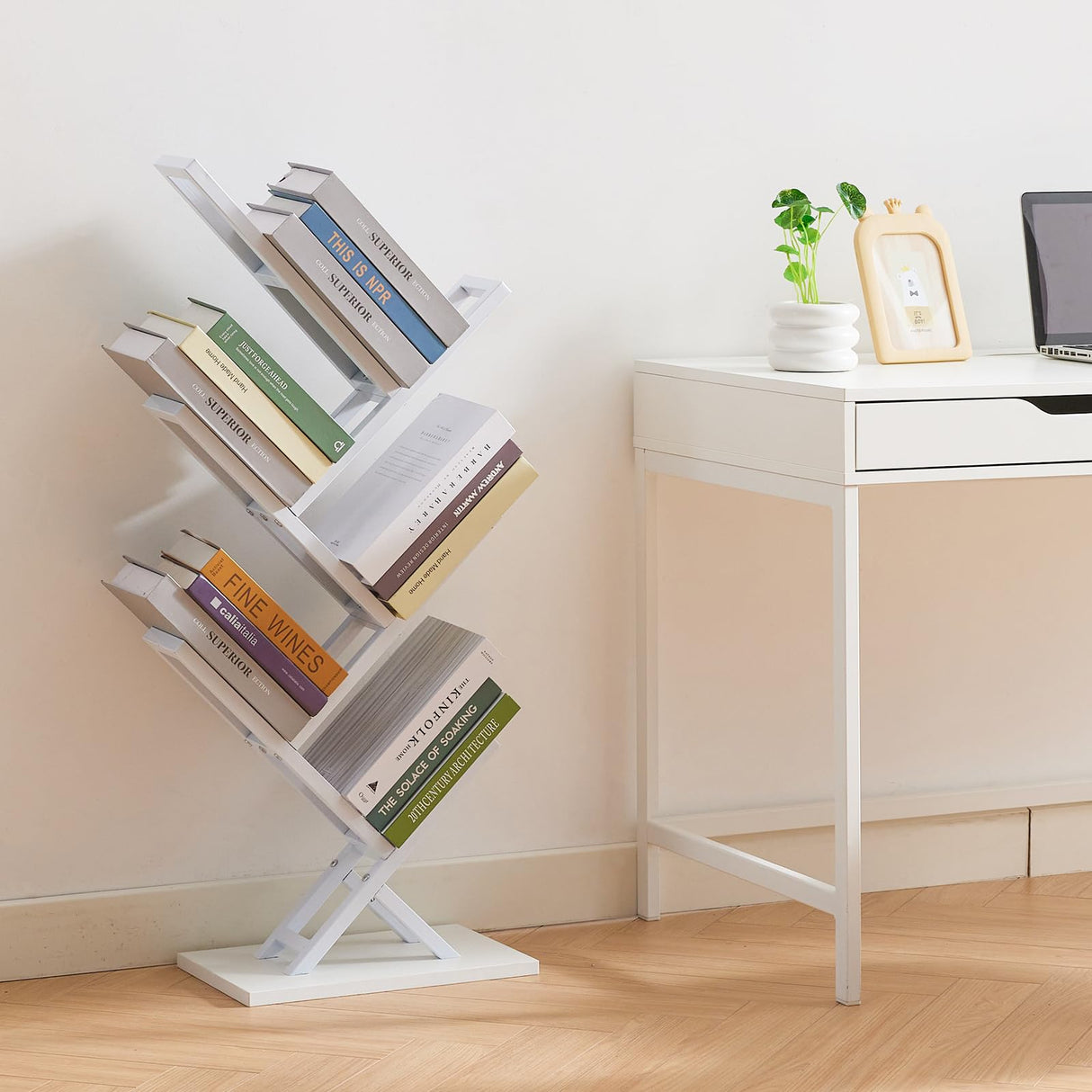 Ymesiyou 5 Tier Tree Bookshelf, Floor Standing Bookshelf for Narrow Space,Storage Organizer Bookshelves for Books/CDs/Magazine, Bookcase with Shelves for Home Office, Living Room- White Ymesiyou