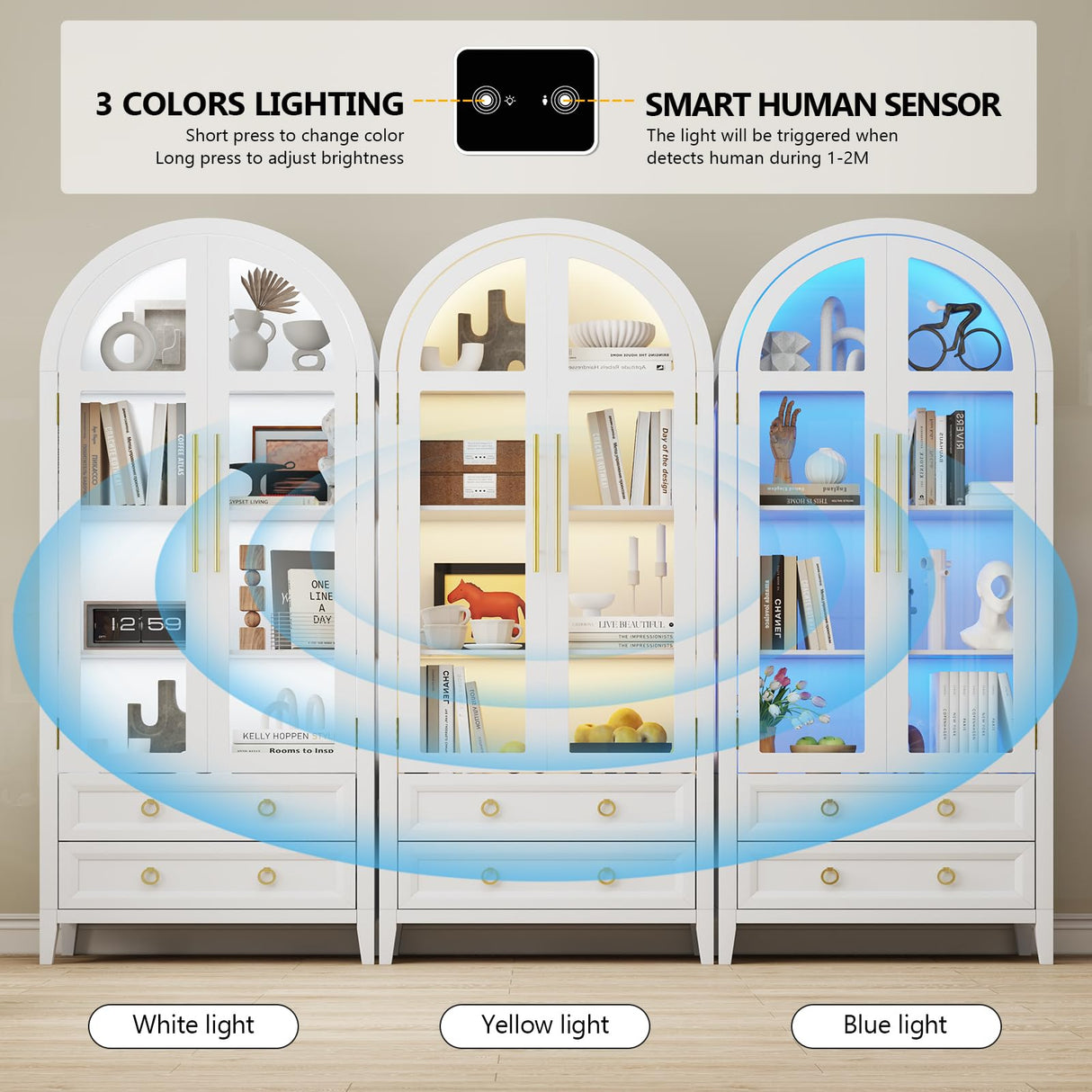 EOAWE Arched Curio Cabinet with Glass Doors, 4-Tier Display Cabinet with 2 Drawers, Tall Bookcase with 3 Color Lights, Display Case, Kitchen Pantry (White) EOAWE
