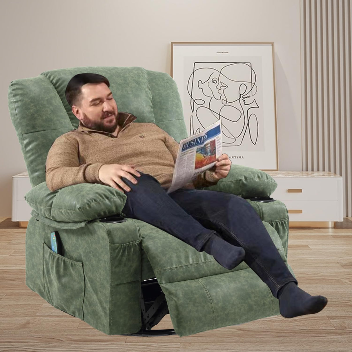 Swivel Rocker Recliner Chair for Adults with Vibration Massage, Overstuffed PU Leather Recliner with Lumbar Heat, Modern Manual Rocking Recliner with for Living Room, Home Theater, Dark Green Comermax