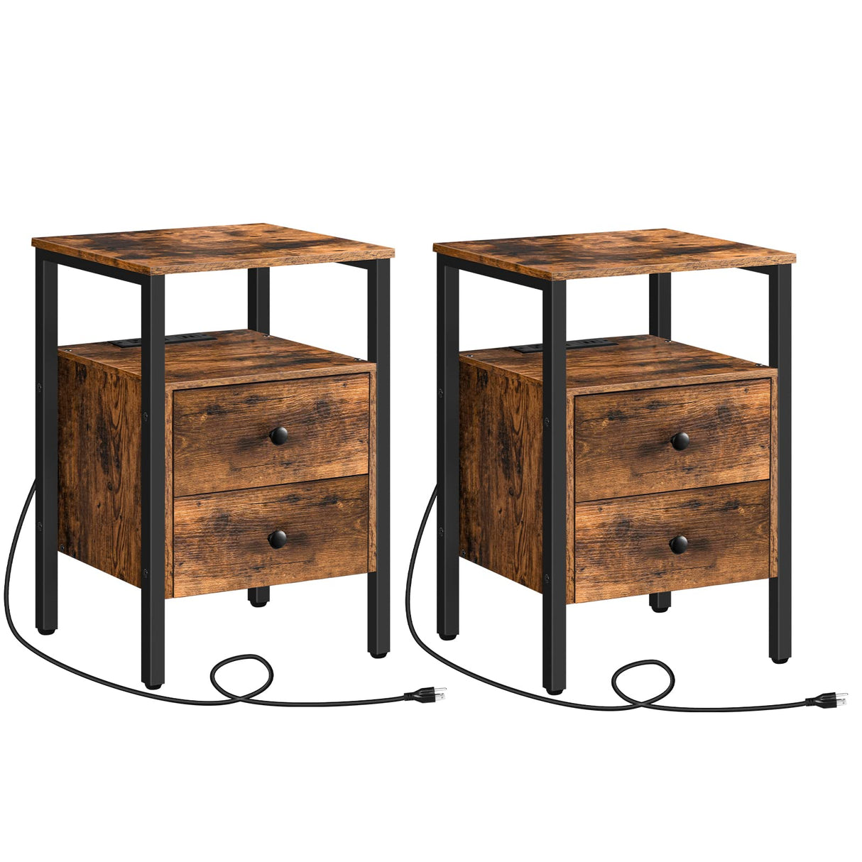 HOOBRO End Table with Charging Station and USB Ports, Side Table with Drawers and Storage Shelf, Set of 2, Bedside Table for Small Spaces, Living Room, Rustic Brown BF431BZP201 HOOBRO