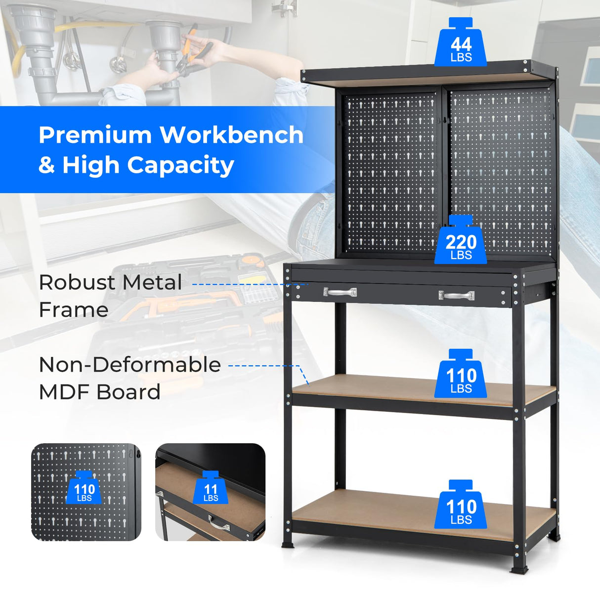 Goplus Workbench with Pegboard, 32" x 16" Multi-use Workbench with 2 Tires of Shelves, Topping Space, Drawer, Robust Metal Frame, Heavy-Duty Work Table Tool Storage Bench for Workshop Garage Goplus