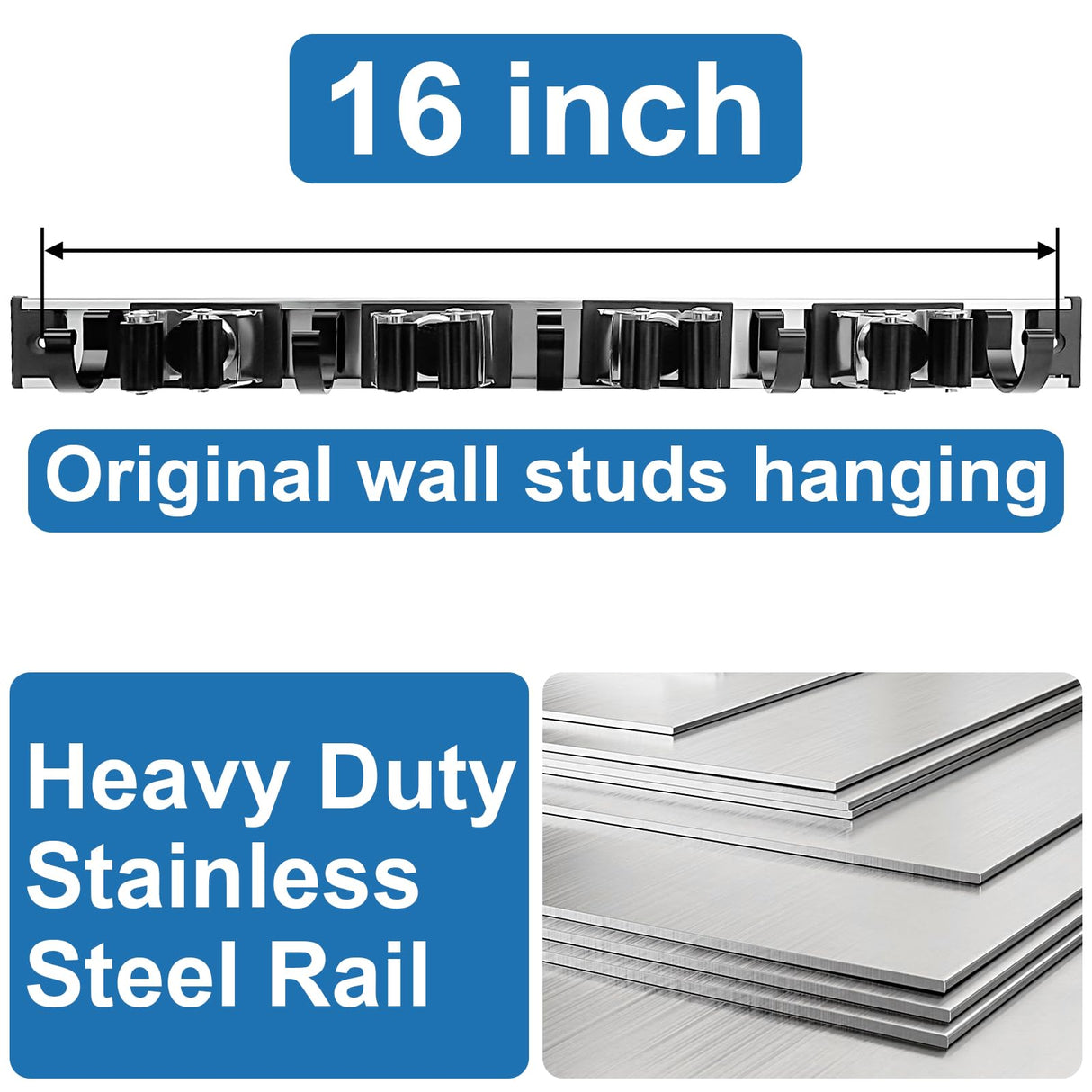 Mop and Broom Holder Wall Mount Metal Heavy Duty Utility Hooks Broom Organizer Garage Storage Systems Tool Racks for Home Laundry Garden Kitchen Organization (Black, 1 Pack 4R5H) Piyl