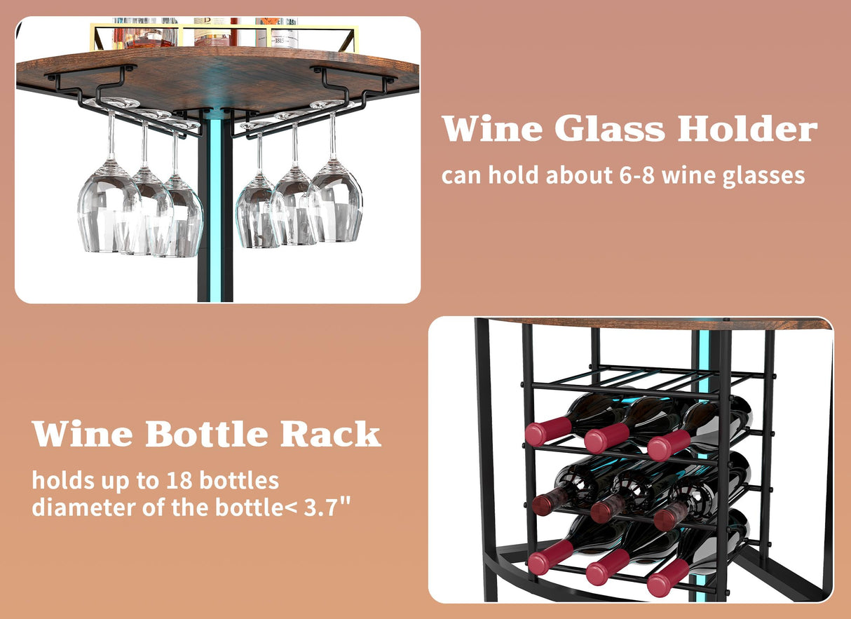 Suuiwau 6-Tier Corner Wine Rack with LED Lights, Floor Standing Wine Storage with Glass Holder, Industrial Metal and Wooden Shelf for Kitchen, Living Room, Dining Room, Home Bar Furniture Suuiwau