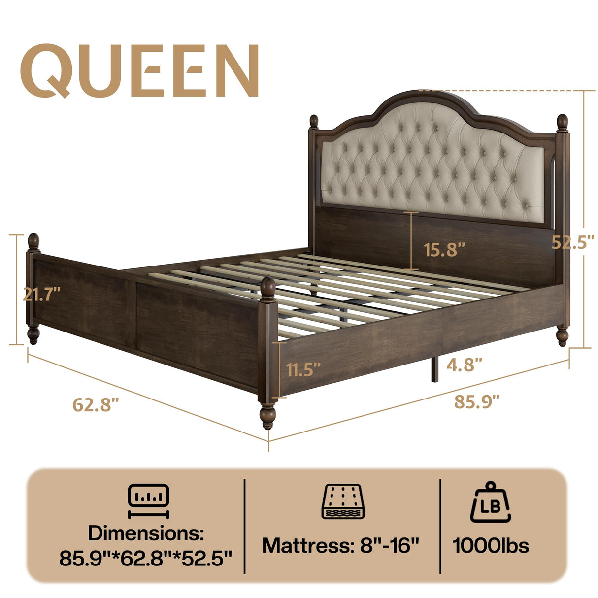 YUMPIE Solid Wood Queen Bed Frame, Transitional Platform Bed with 52.5" Tufted Upholstered Headboard, Rubberwood Construction, Roman Column Accents, No Box Spring Needed YUMPIE