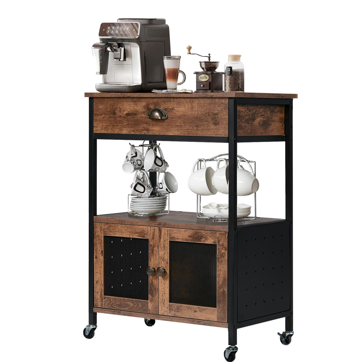 Catrimown Coffee Cart with Storage, Coffee Bar Cabinet on Wheels, Small Microwave Cart with Drawer for Kitchen, Living Room, Rustic Brown Catrimown