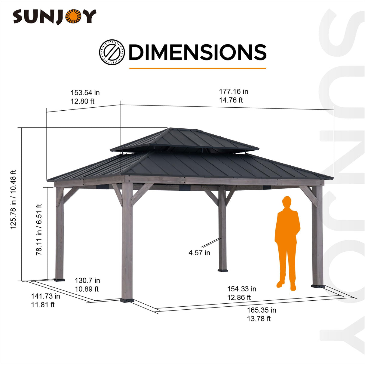 Sunjoy 13 x 15 ft. Wood Gazebo, Outdoor Patio Steel Hardtop Gazebo, Cedar Framed Wooden Gazebo with 2-tier Metal Roof, Suitable for Patios, Lawn and Backyard, Matte Black Roof + Gray Wood Frame Sunjoy