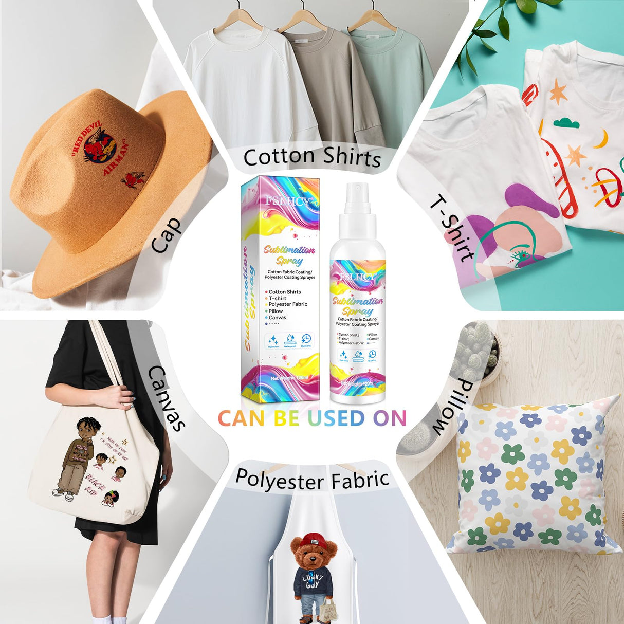 Sublimation Spray for Cotton Shirts, 120ML Sublimation Coating Spray for All Fabric, T-Shirts, Canvas, Polyester Fabric, Waterproof Quick Drying, Super Adhesion, High Gloss FSLHCY