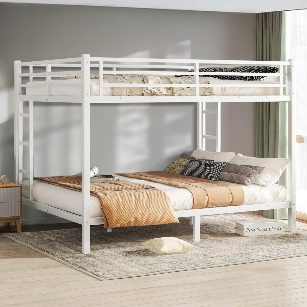 HKOLIE Queen Over Queen Bunk Bed, Metal Bunk Bed Frame Heavy Duty Bunk Beds Loft Bed Frame with Ladder and Guardrail Metal Slats No Box Spring Required for Adults Teens, White HKOLIE