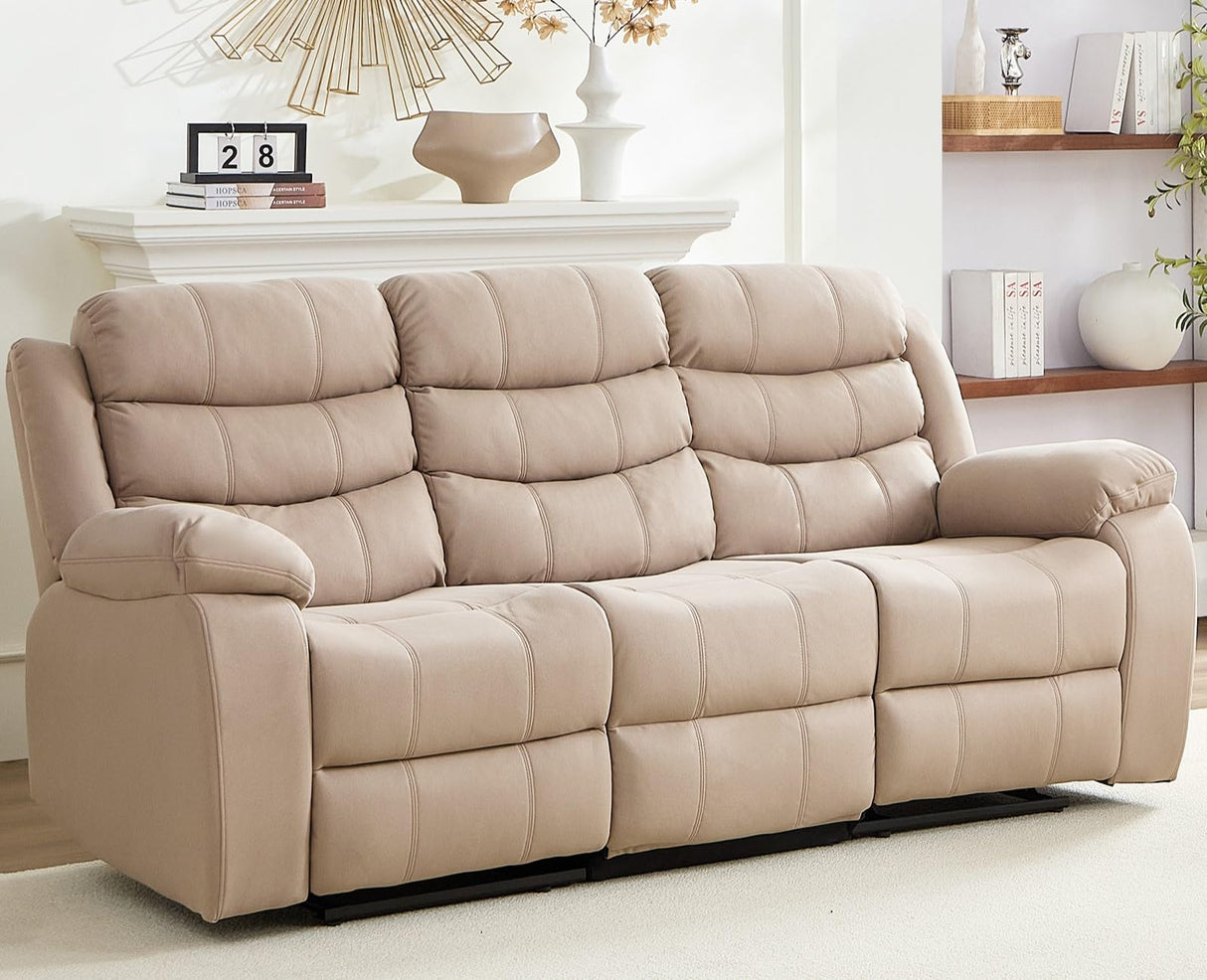 Mjkone Recliner Home Theater Seating, 3 Seater Power Reclining Sofa Chair, Manual Control Recliner Couch with Cup Holders & Flipped Middle Backrest & Table, Modern Couches for Living Room, Beige Mjkone