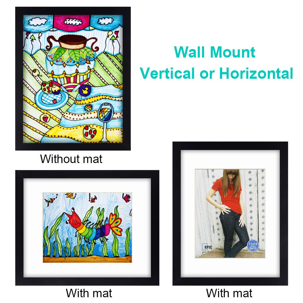 RPJC 11 x 14 Picture Frames Made of Solid Wood and High Definition Glass Display Pictures 8x10 with Mat or 11x14 Without Mat for Wall Mounting Photo Frames Black RPJC