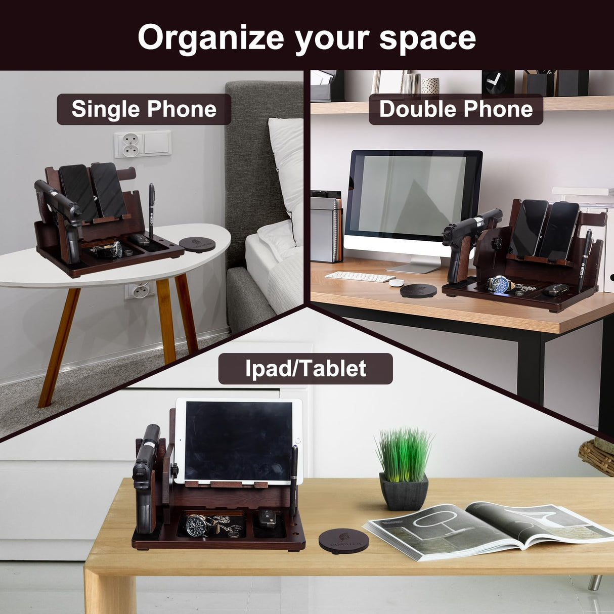 LMDGDS Wood Gun Rack Phone Docking Station, Nightstand Charging Organizer with Pistol Rack for Gun Safe, Key Holder Watch Wallet Stand Birthday Gift for Him Men Husband Dad Boyfriend LMDGDS