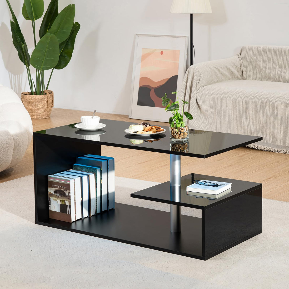 HOMMPA LED Coffee Tables for Living Room Modern Black Coffee Table with S-Shaped 3 Tiers Open Storage Shelf High Gloss Center Sofa Tea Table with LED Lights for Home Office Furniture Black 18" Tall HOMMPA