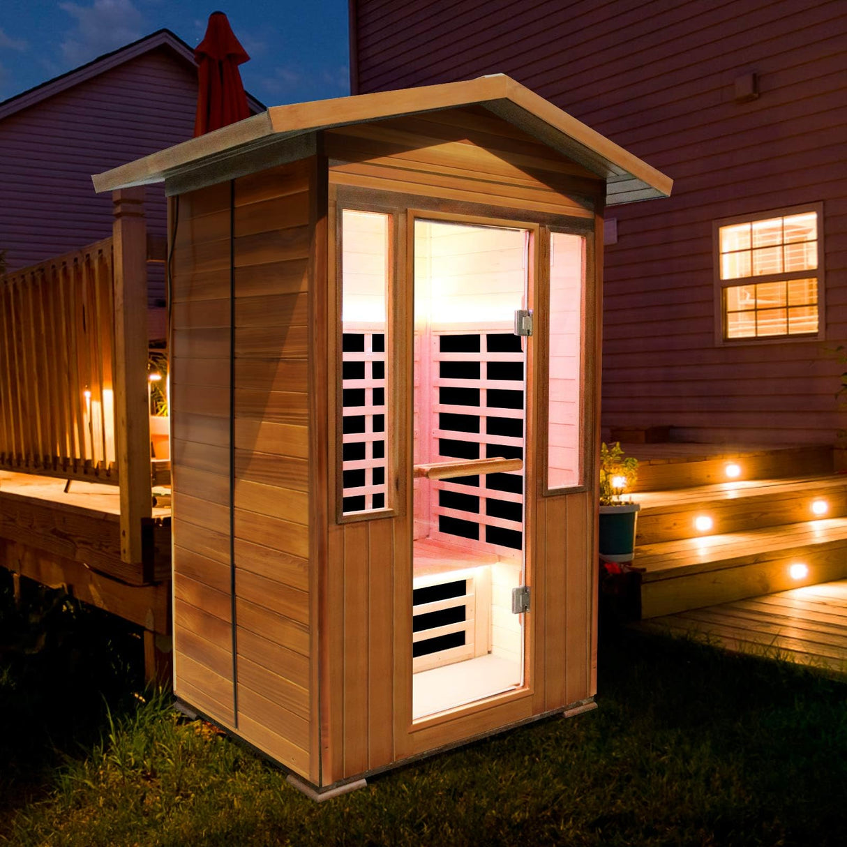 OUTEXER Outdoor Sauna 2 Person Sauna Infrared Saunas Dry Sauna Room Red Cedar and Canadian Hemlock Wood Wooden Sauna Spa 1800W APP Control 7 Color Light 48.8 * 37 * 87.4inch OUTEXER