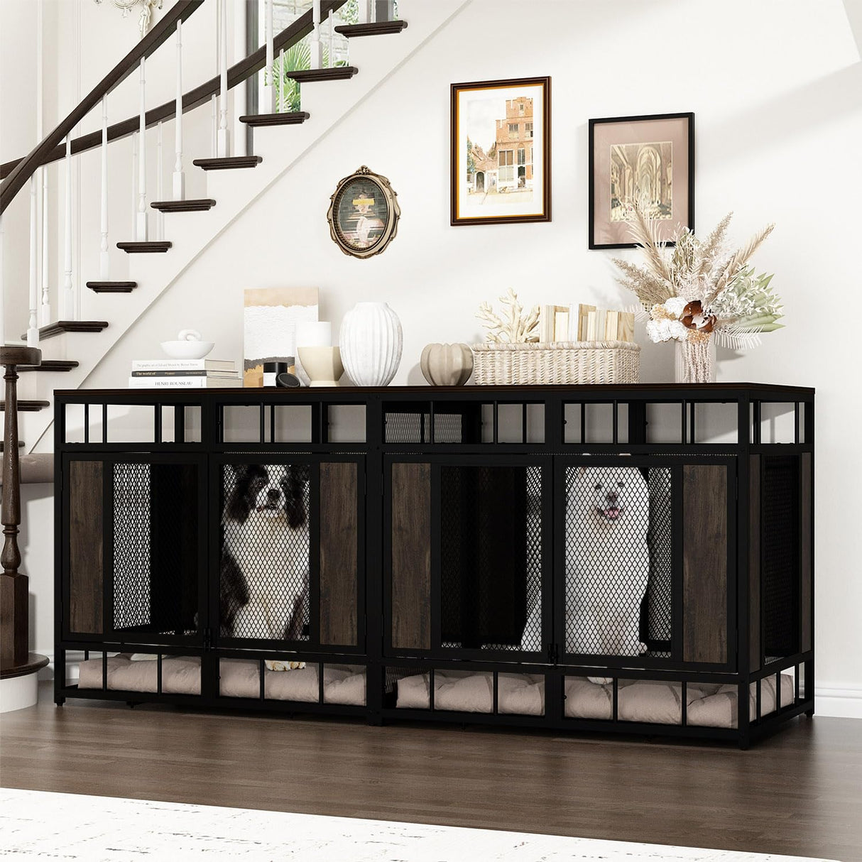 DAWNSPACES Furniture Dog Crate, 71" Heavy Duty Wood Dog Cage Kennel House Furniture with a Removable Divider, Indoor Dog Crate Table TV Stand with Double Doors for Large Medium Breed Dogs, Brown DAWNSPACES
