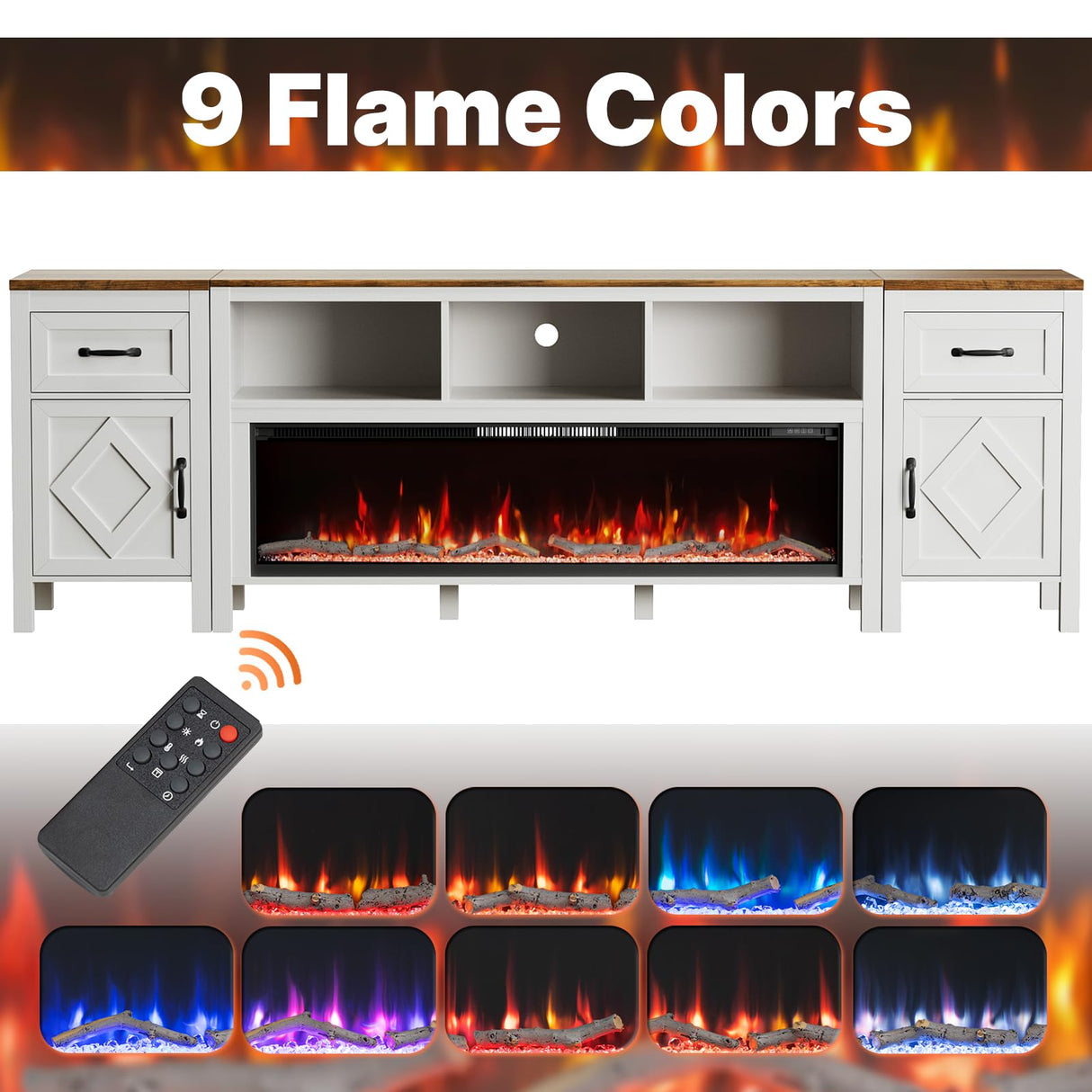 BVIUNTWO 88 Inch Fireplace TV Stand for TVs Up to 95 Inch,Farmhouse Entertainment Center with 50" Electric Fireplace,White TV Console with Storage Cabinets and Drawers for Living Room BVIUNTWO