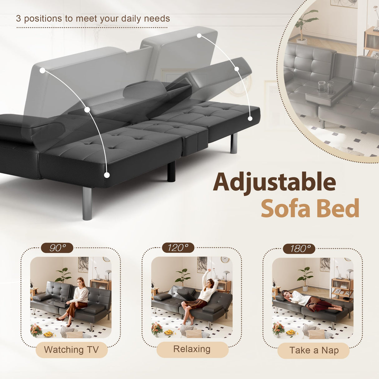 Shahoo Convertible Folding Futon Sofa Bed Sleeper Couch for Living Room Faux Leather Upholstered Loveseat w/Removable Armrests, Metal Legs, 2 Cup Holders, Brown Shahoo