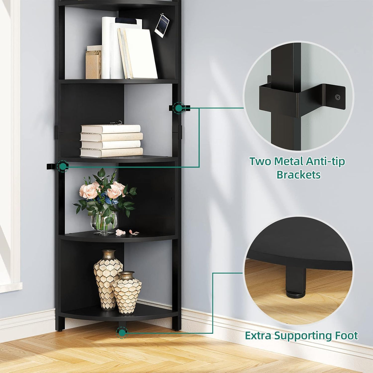YITAHOME 6-Tier Corner Shelf, 68.8" Tall Modern Free Standing Zigzag Corner Bookshelf, 6 Shelf Display Corner Bookcase Open Small Book Shelves for Living Room, Home Office, Small Space, Black YITAHOME