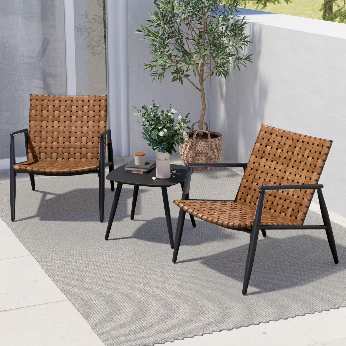 Grand patio Outdoor Bistro Set 3 Pieces Leather-Look Wicker Patio Chairs Set Powder Coated Aluminum Frame with Outdoor Chairs Set of 2 and Side Table for Garden Backyard Balcony Brown Grand patio