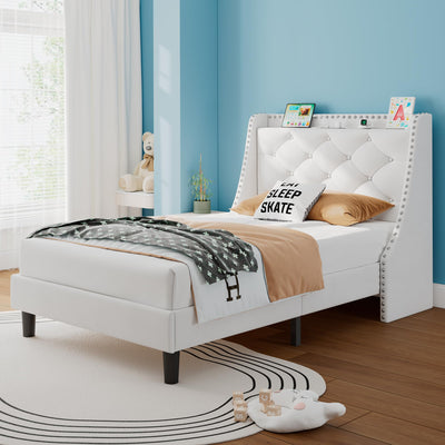 iPormis Velvet Twin Bed Frame with 16" Comfort Wingback & Charging Station, Upholstered Platform Bed with Button Tufted Storage Headboard, Solid Wood Slats Support, No Box Spring Needed, White