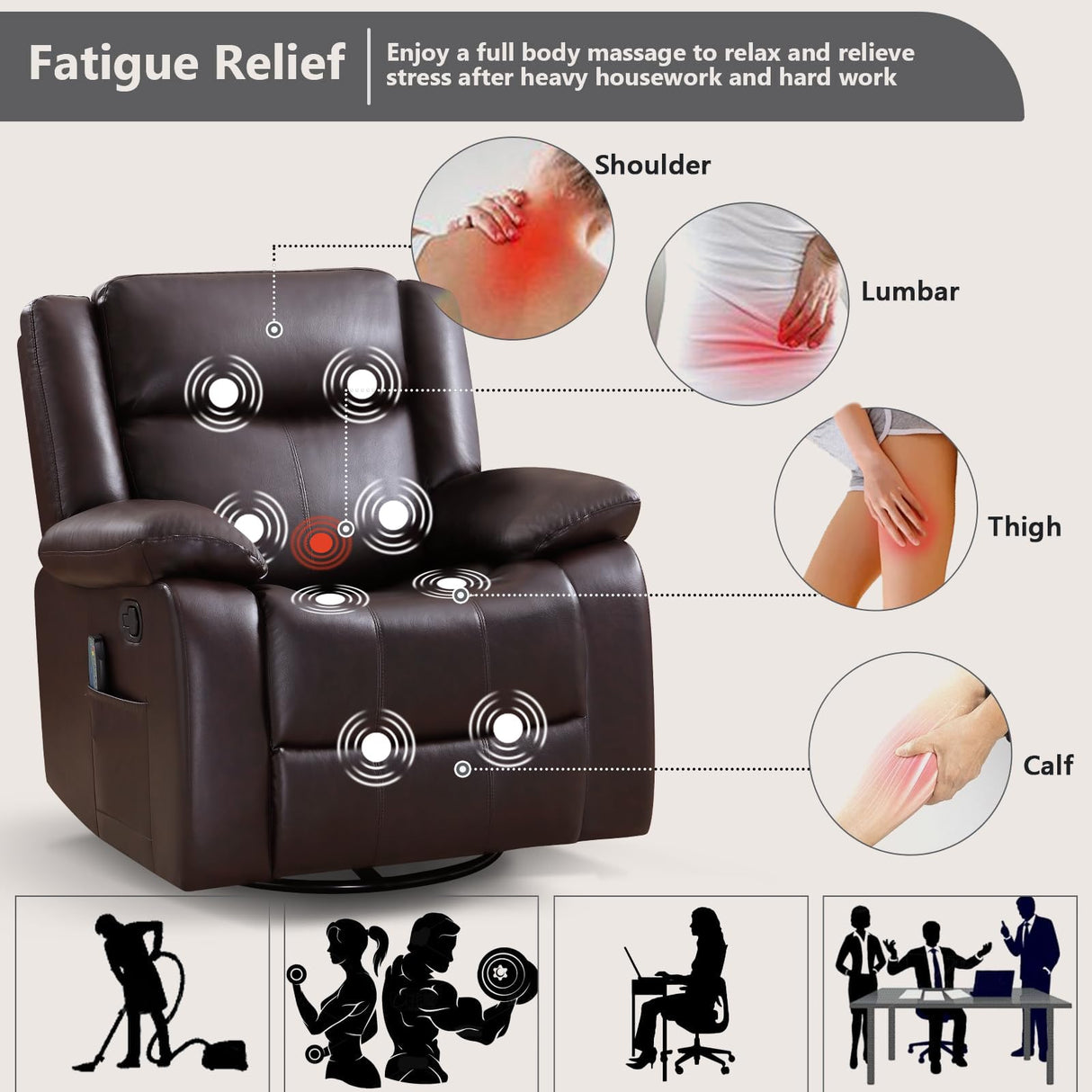 ANJ Swivel Rocker Recliner Chair, Manual Rocking Glider Massage Recliner with Heat, Overstuffed PU Leather Big Large Recliner for Living Room Bedroom Nursery ANJ