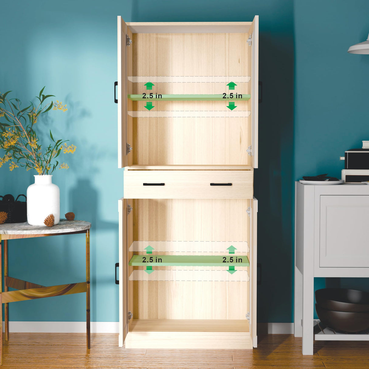 DIYART Oak Kitchen Pantry, 71" Tall Storage Cabinet with Doors and Drawer for Kitchen, Hallway, Office DIYART