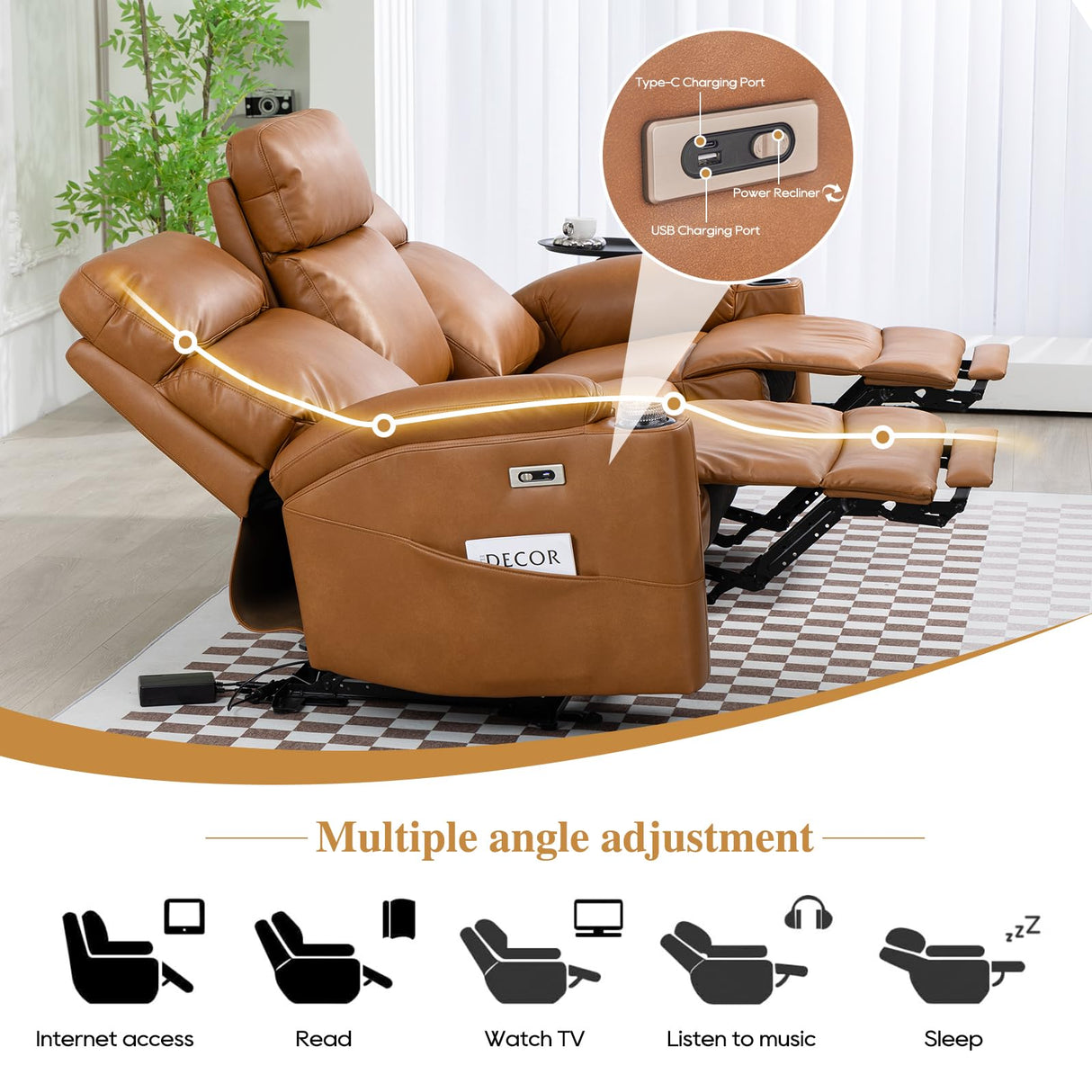 B BAIJIAWEI Power Reclining Sofa - 3 Seater Recliner Sofás, PU Leather Recliner Sofa, Home Theater Seating with Flipped Middle Backrest, Power Recliner Couch for Living Room(Brown) B BAIJIAWEI