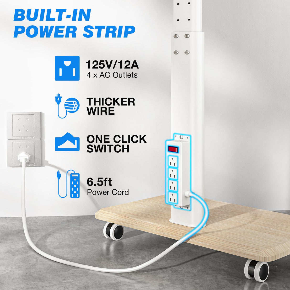 Rfiver Sleek Rolling TV Stand with Power Outlet for Home Decor, Height Adjustable Portable TV Stand on Wheels for 32-70 Inch TVs, Strong Tall Mobile TV Cart with Mount Up to 88 lbs, White Rfiver