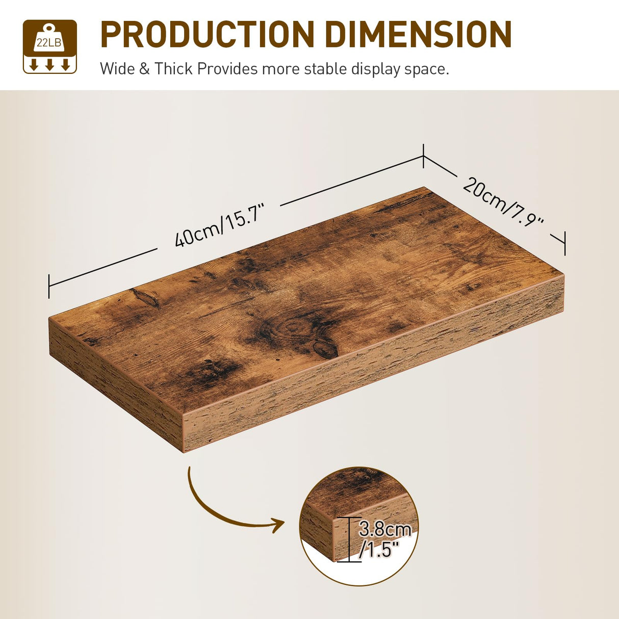 RALGEND Floating Shelves for Wall, 1.5" Thick Wall Shelf Set of 3 with Invisible Brackets, 15.7L x 7.9W Hanging Shelves Farmhouse Home Decor for Bathroom, Living Room, Bedroom, Kitchen, Rustic Brown RALGEND