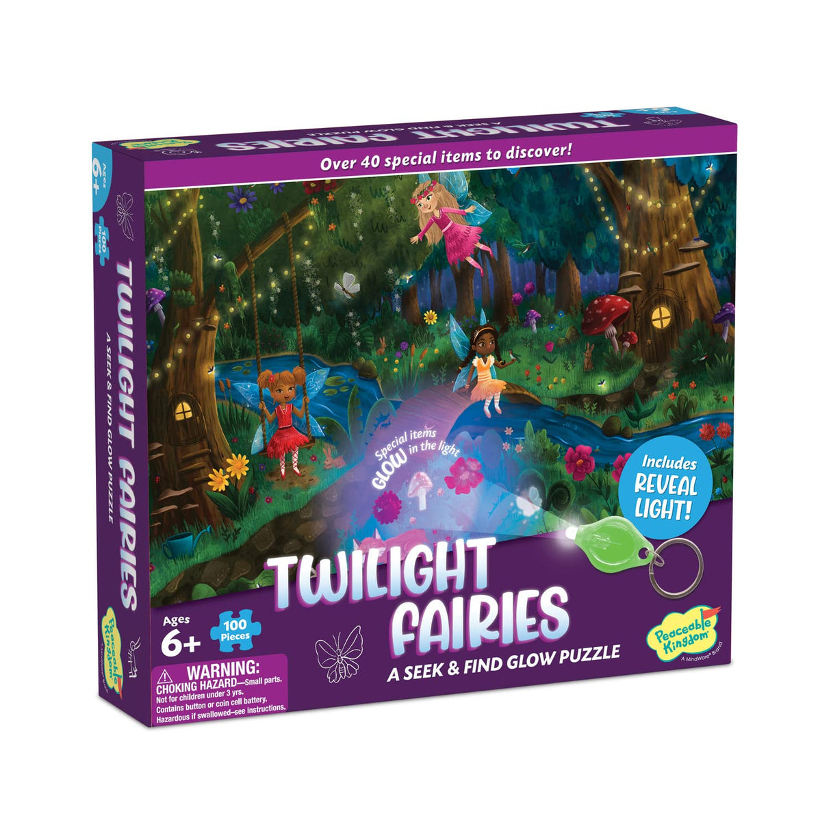 Peaceable Kingdom Twilight Fairies Puzzle – 100-Pc. Seek & Find Glow Puzzle for Kids Ages 6 & Up – Included Blacklight Reveals Hidden Items – Great for Home or Classrooms Peaceable Kingdom