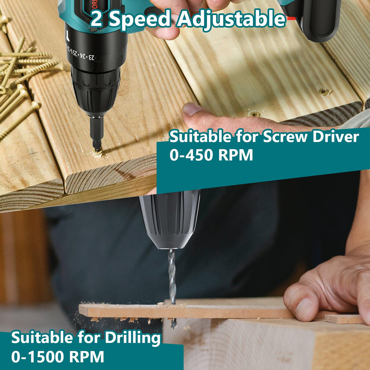 Cordless Power Drill Set with Battery and Charger,21V Cordless Drill Set, 25+3 Torque,2 Variable Speeds Electric Drill Set with 3/8'' Keyless Chuck,LED lights,2 Batteries UIFGVJH