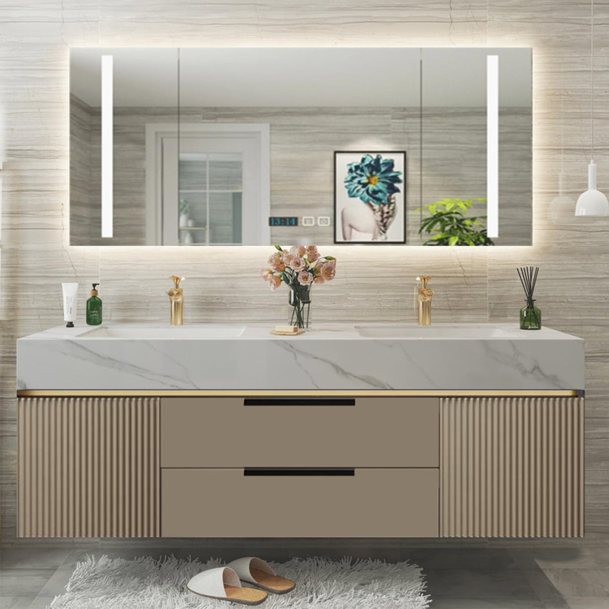 Genpai Floating Bathroom Vanity - 72IN Bathroom Vanity with Sink Business, Double Sink | LED Lights & One-Touch Defogging, Easy Installation, 2 Drawers Genpai