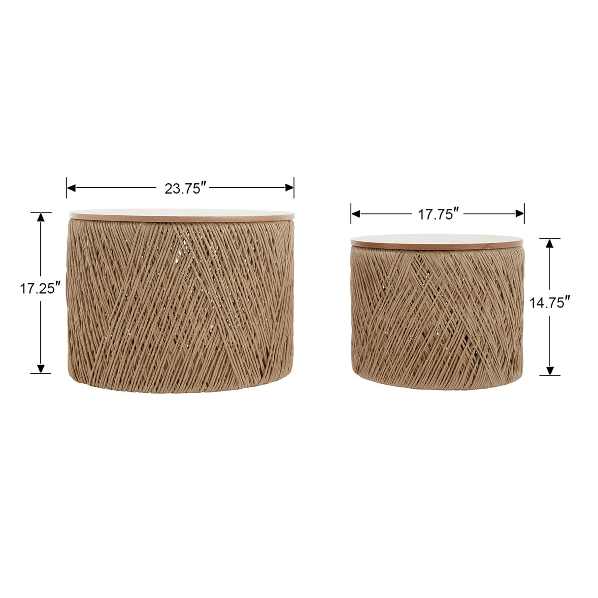 DM Furniture Nesting Coffee Table Set of 2, Natural Round Wooden Coffee Tables Rustic Woven Circle Side/Sofa Table for Small Space Living Room Bedroom Apartment No Assembly Required DM Furniture