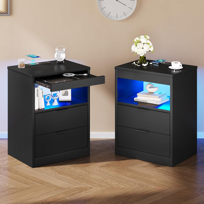 Tiptiper Black Nightstand Set of 2, LED Nightstand with Wireless Charging Station, Night Stand with Drawers & Pull-Out Shelf, Modern Bedside Table with Storage, End Table Side Table