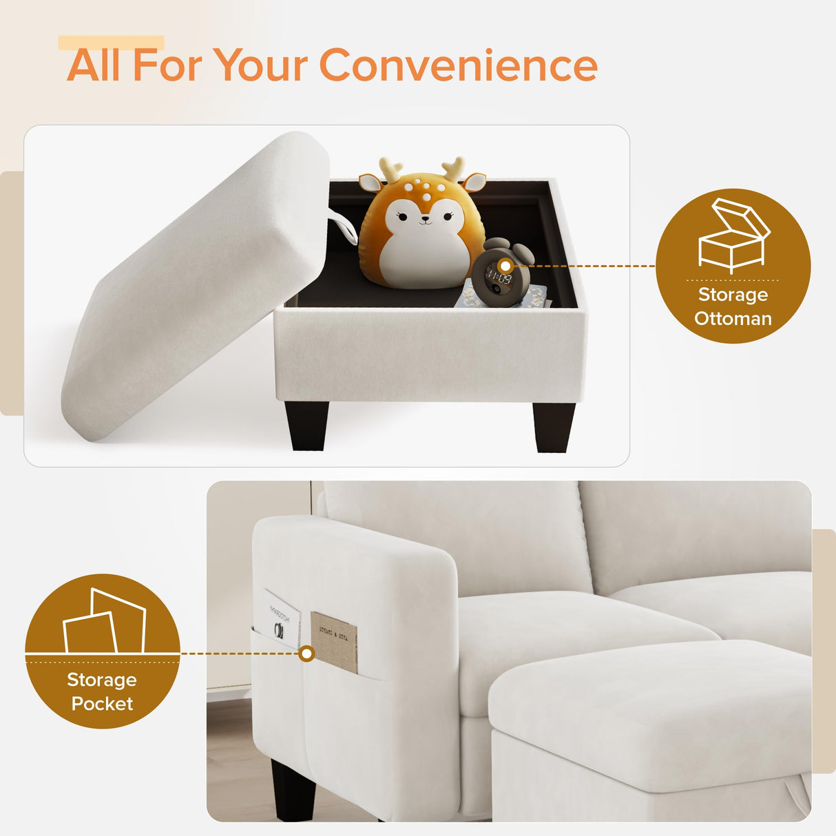 ZeeFu Convertible Sectional Sofa Couch,Classic 3 Seat L-Shaped Sofa Set with Movable Ottoman, Modern Beige Velvet Fabric Upholstered Small Sectional Sofa Couch for Small Apartment Living Room Office ZeeFu