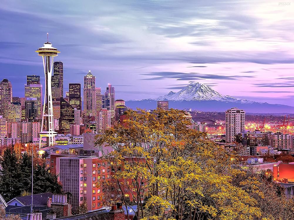 5D Diamond Painting, Seattle Skyline Washington Diamond Embroidery Paintings, DIY Diamond Painting Kits for Adults Diamond Art Home Wall Decor, 12x16 Inch IPISSOI