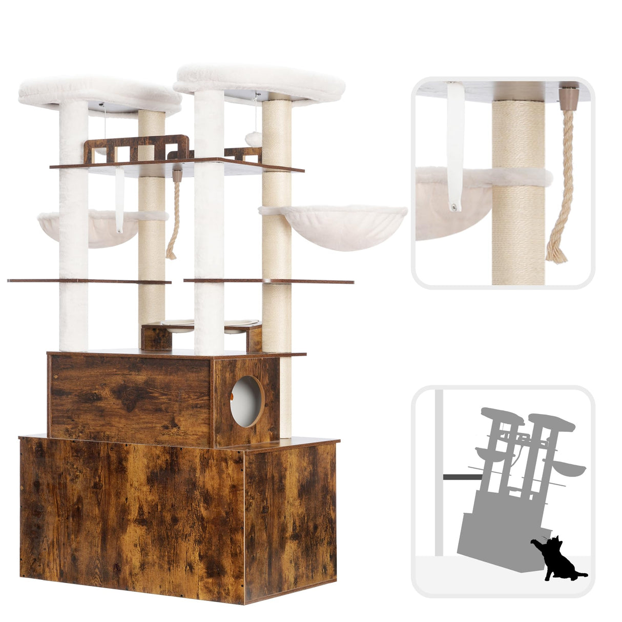 Heybly Cat Tree for Maine Coon with Litter Box Enclosure, 72-inch Wooden Cat Tower for Indoor Cats Large Adult, Big Condo with Food Station, Baskets, Furniture with All-sisal Scratching Post HCT112SR Heybly