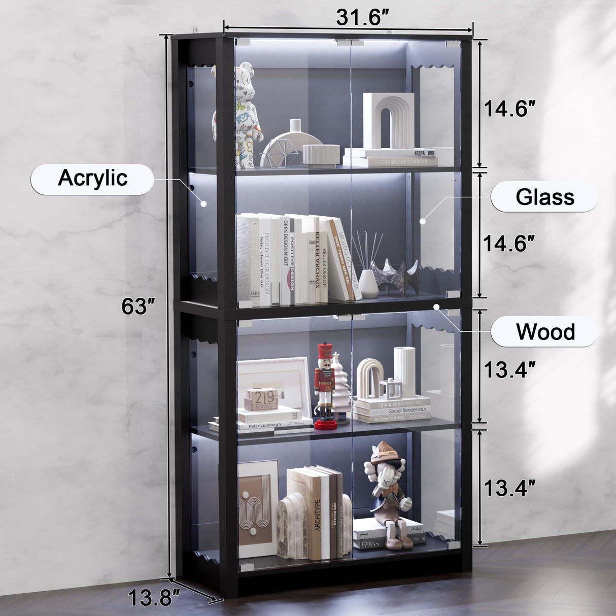 TEROL Display Cabinet with Glass Doors, 63” 4-Tier Wood Display Case with RGB Lights for Collectibles, Tall Curio Cabinet Anti-Tipping with Adjustable Shelves, Storage Cabinets for Living Room, Study TEROL