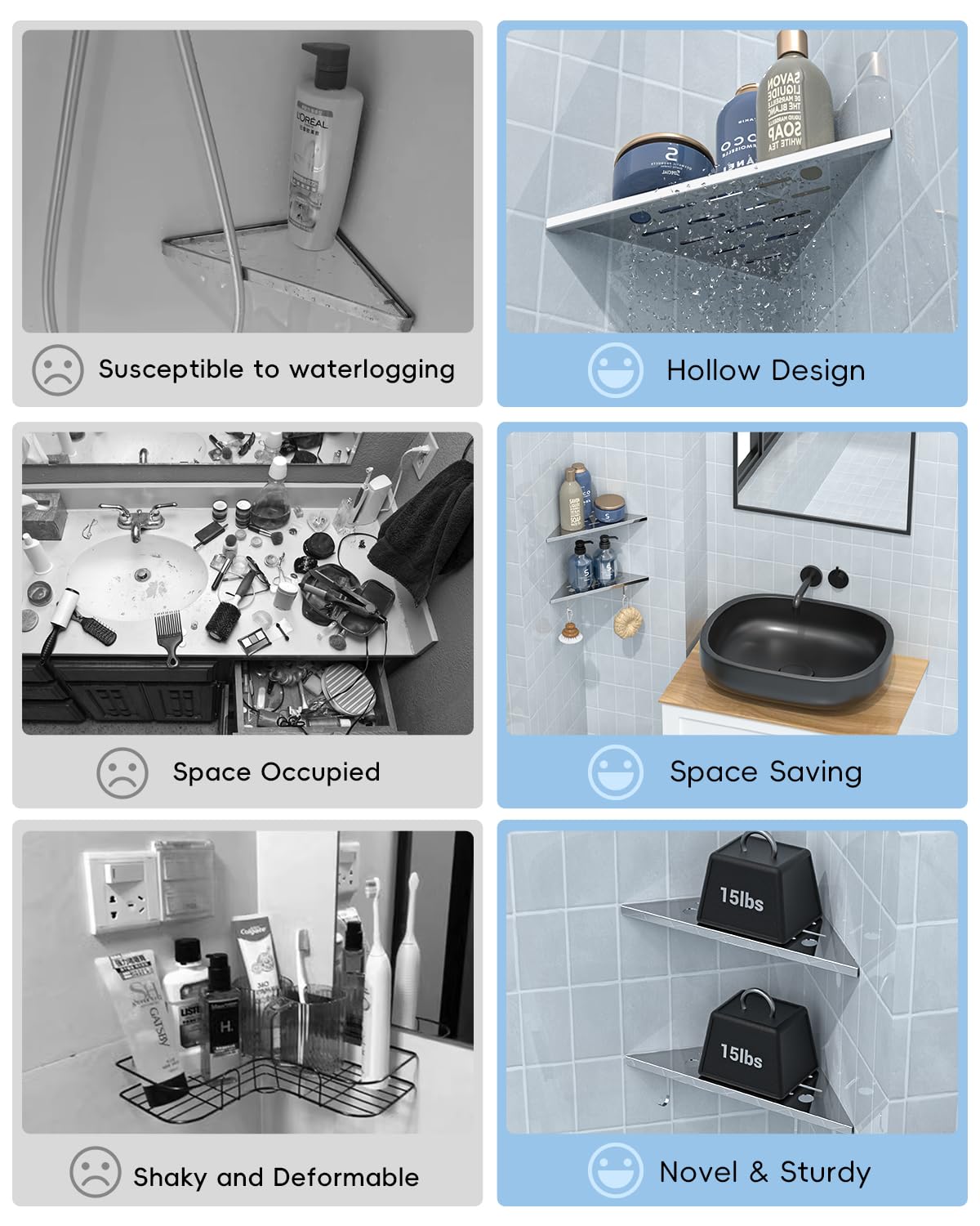 DAYONE 2 Pack Corner Shower Shelves 10", Chrome 304 Stainless Steel Recessed Bathroom Shelf with Razor Holding Hole and 2 Hools, for Tiled Wall No Drilling Needed DAYONE