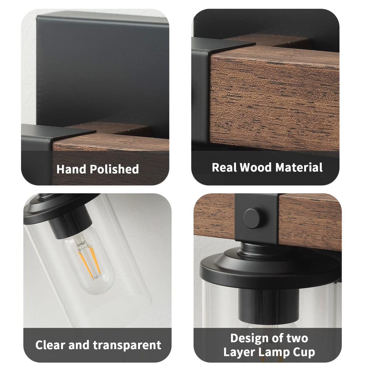 Bathroom Vanity Light Fixtures 4 Lights, Wooden Farmhouse Vanity Lights Rustic Bathroom Lights Over Mirror with Clear Glass Shade Black Industrial Wall Sconce for Bathroom Bedroom Hallway Kitchen GoYeel