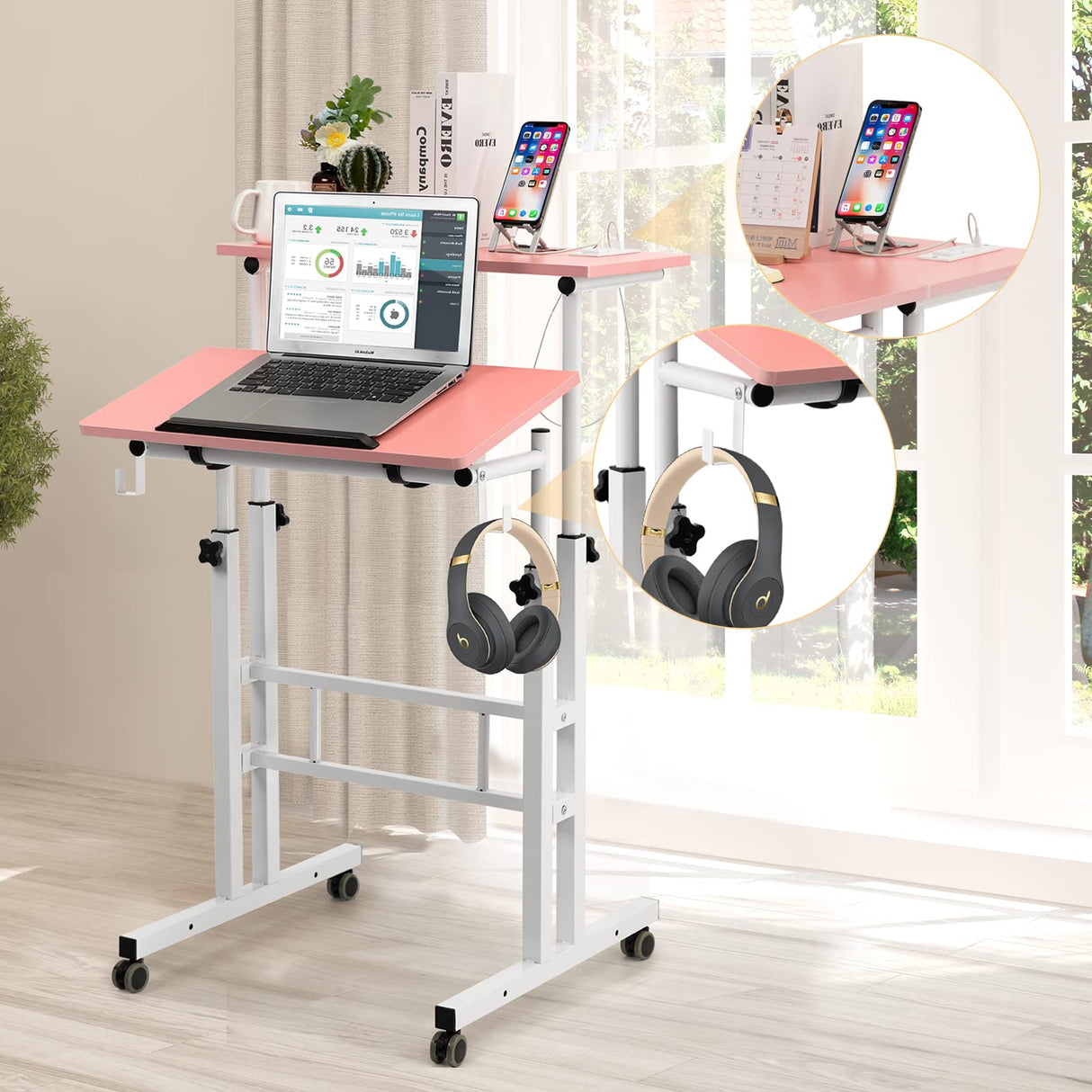 SIDUCAL Mobile Stand Up Desk, Adjustable Laptop Desk with Wheels, Home Office Workstation with USB Ports and Outlets, SIDUCAL