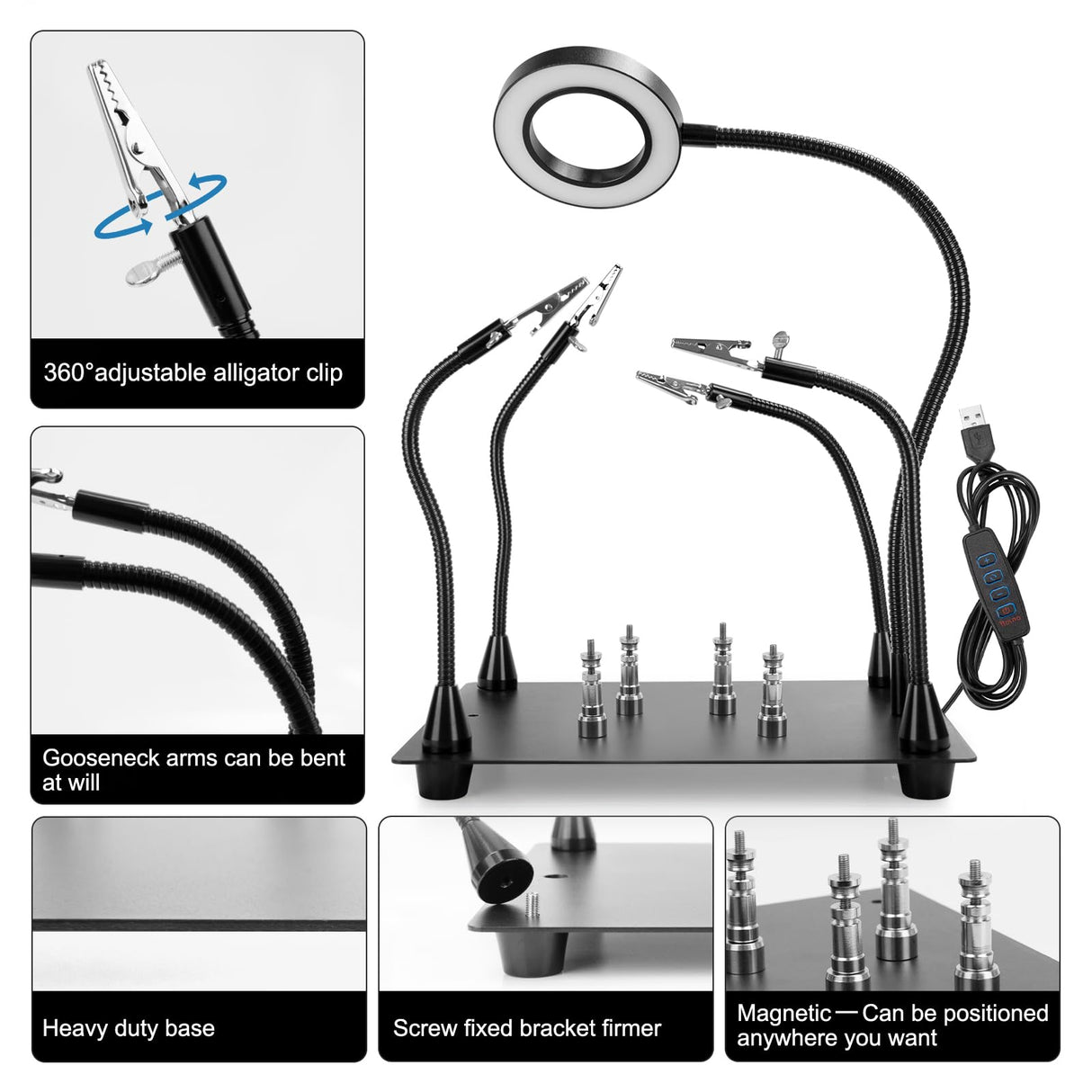 Magnetic Helping Hands Soldering Station with 4 Flexible Helping Hands, 5X Magnifying Glass and Adjustable Light with 4 Magnetic PCB Holder on Large Non-Slip Base for Electronic Repair OBDMONSTER